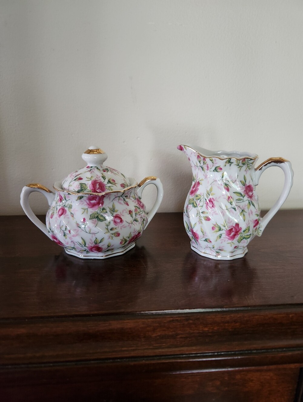 Lefton China, Rose Chintz Covered Sugar Bowl & Creamer Set, Gold Gilt